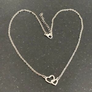 Interlocking Double Hearts Necklace, Silver Tone with Rhinestones